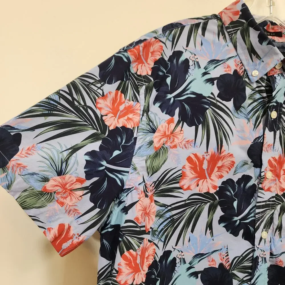 Banana Republic factory organic cotton hibiscus print Hawaiian shirt men sz‎ XL